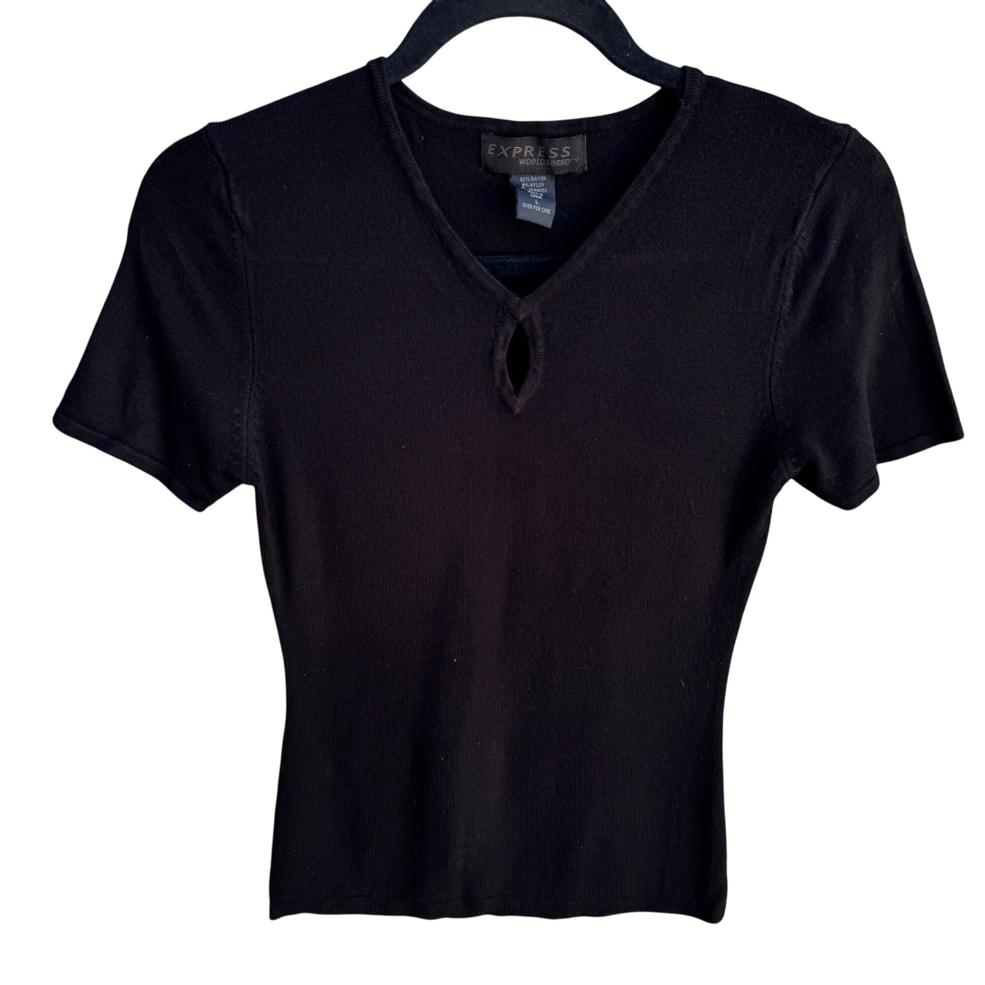 Express Vintage Y2K Womens Black Keyhole V-Neck Knit Supersoft Shirt Blouse S