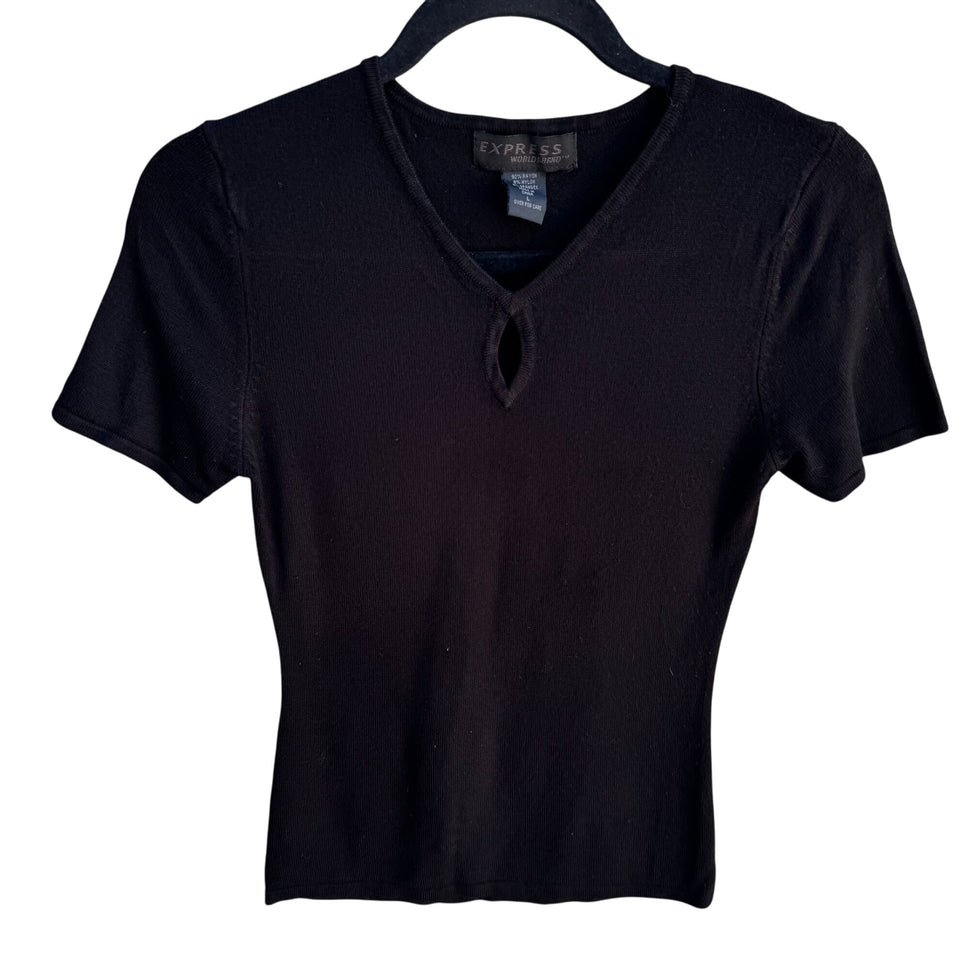 Express Vintage Y2K Womens Black Keyhole V-Neck Knit Supersoft Shirt Blouse S