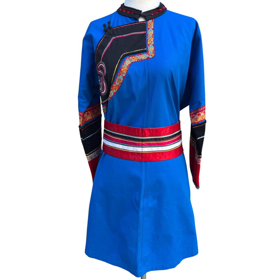 Mongolian Deel Traditional Robe Tunic Blue Red Caftan Embroidery Waist Tie Sash