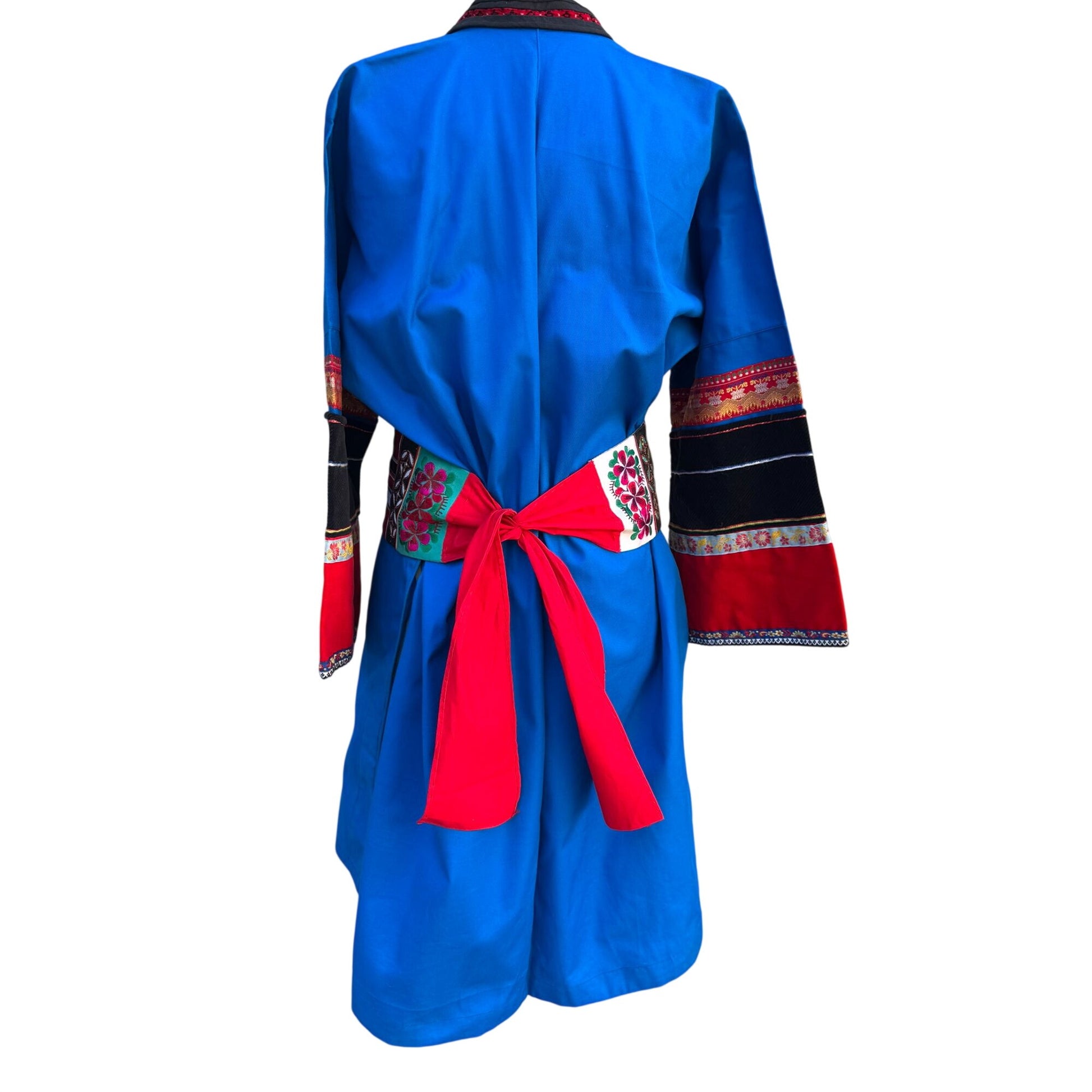 Mongolian Deel Traditional Robe Tunic Blue Red Caftan Embroidery Waist Tie Sash