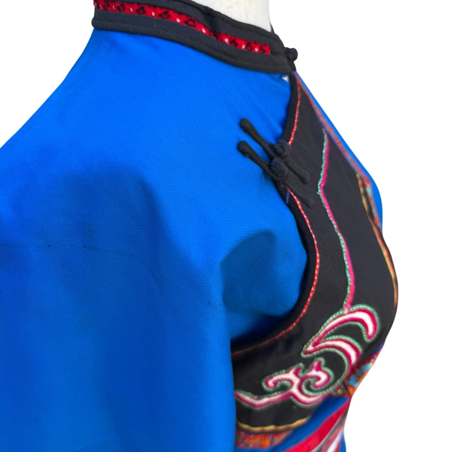 Mongolian Deel Traditional Robe Tunic Blue Red Caftan Embroidery Waist Tie Sash