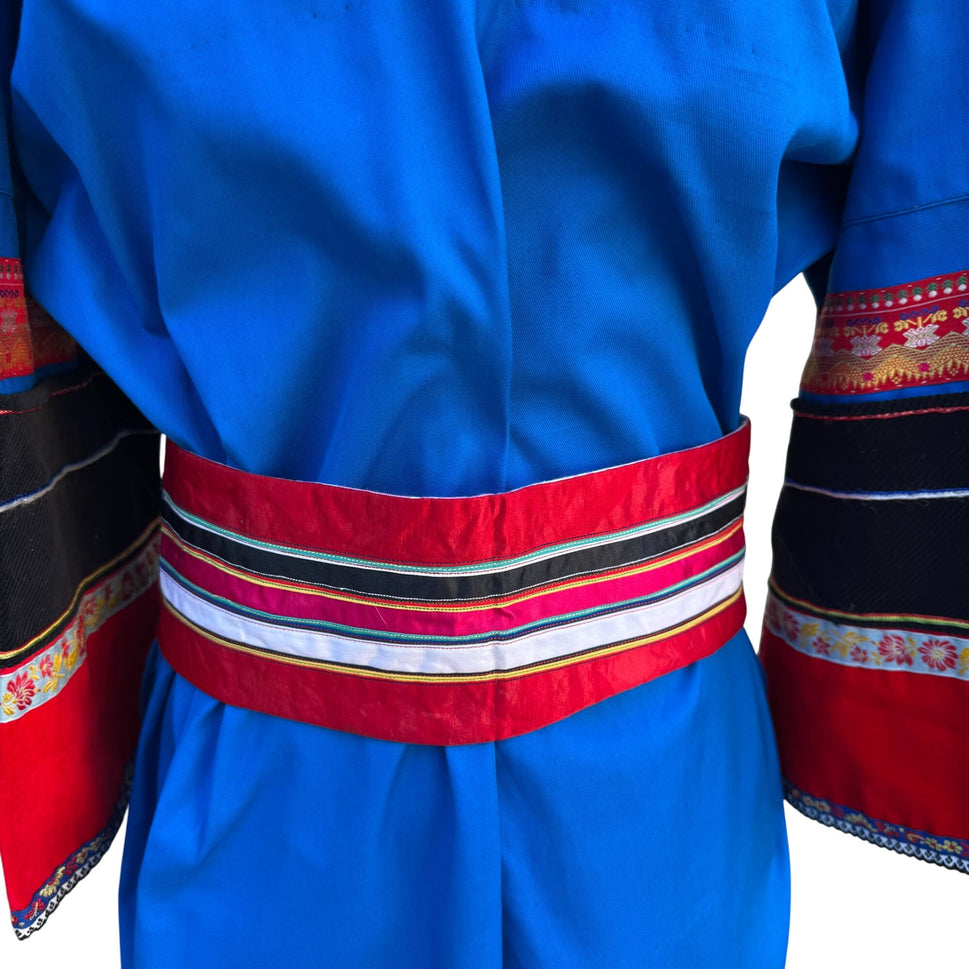 Mongolian Deel Traditional Robe Tunic Blue Red Caftan Embroidery Waist Tie Sash