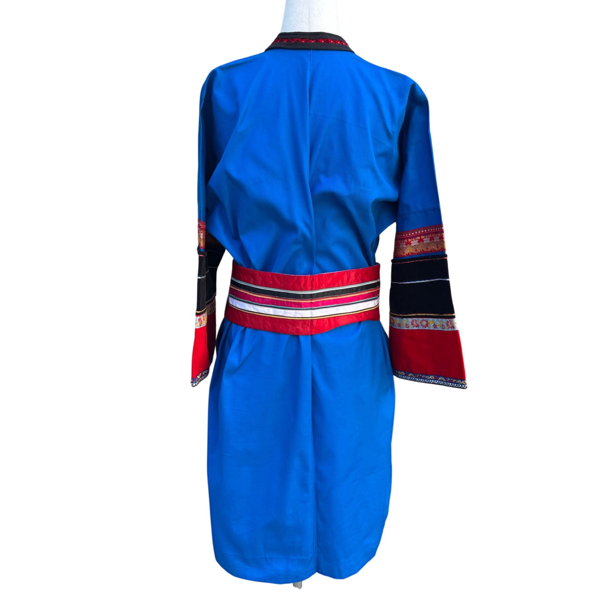 Mongolian Deel Traditional Robe Tunic Blue Red Caftan Embroidery Waist Tie Sash