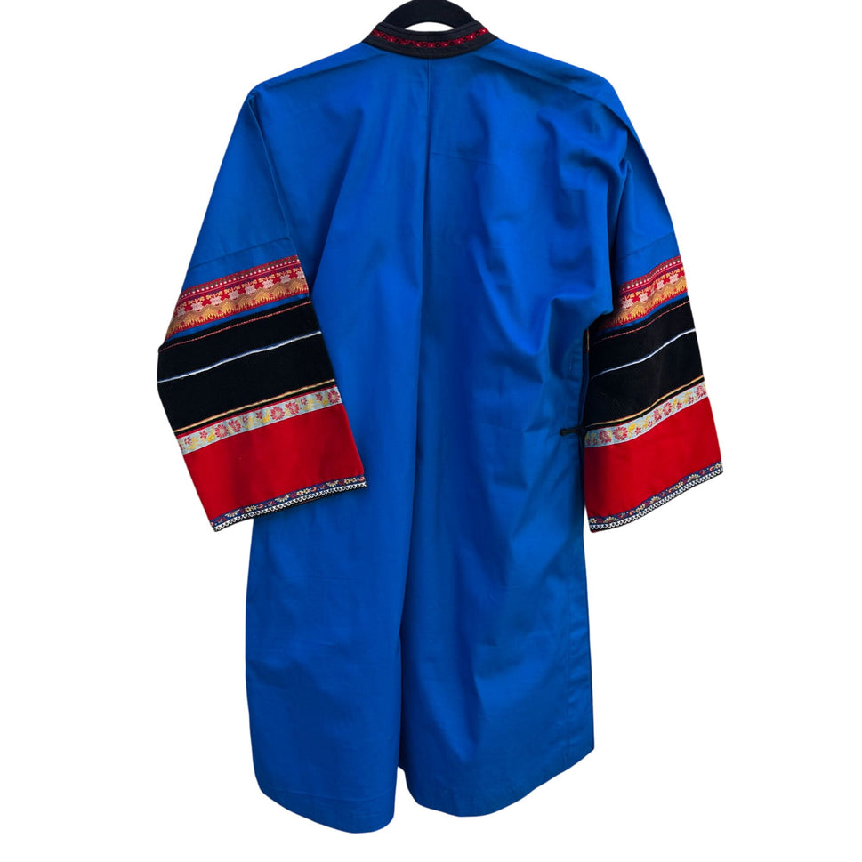 Mongolian Deel Traditional Robe Tunic Blue Red Caftan Embroidery Waist Tie Sash