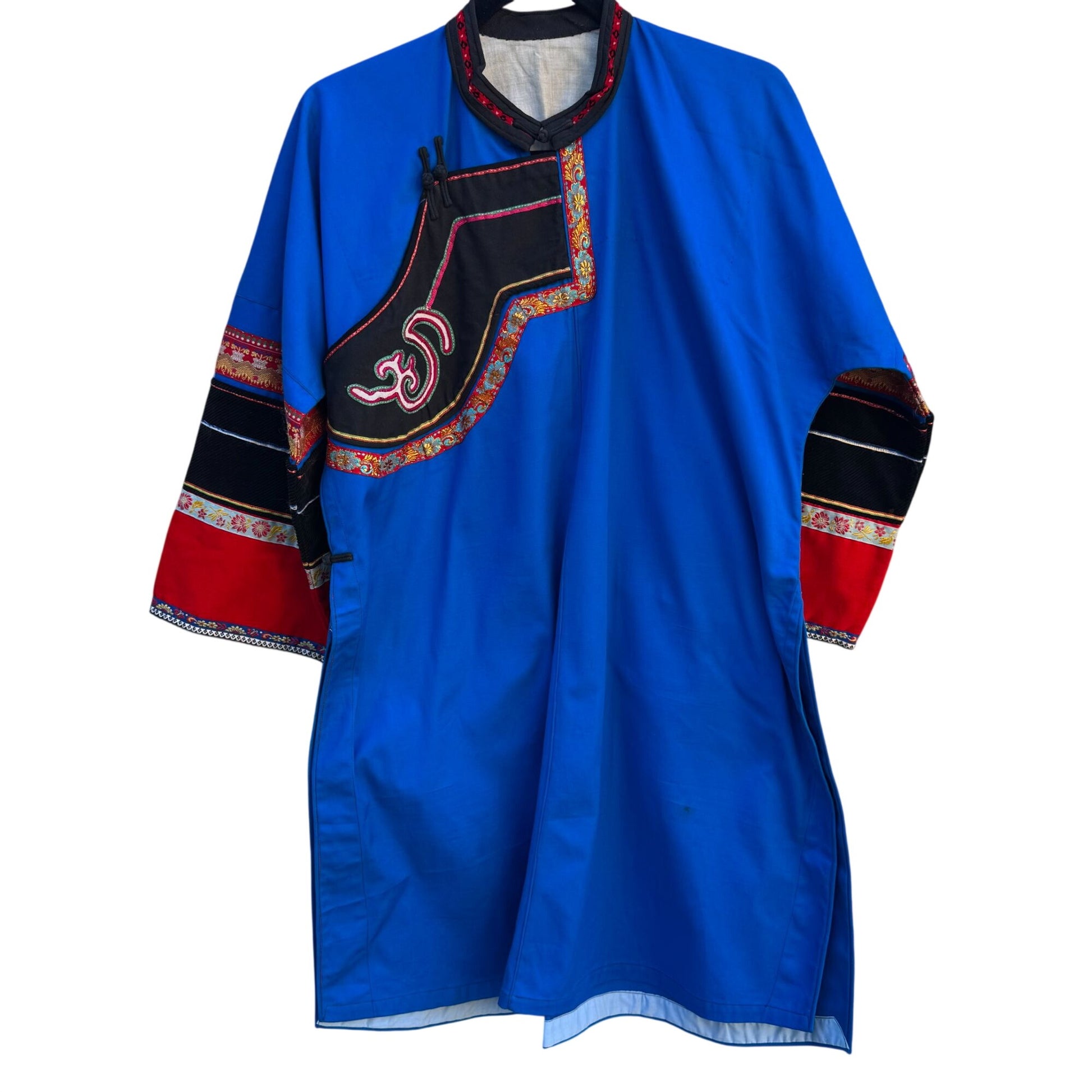 Mongolian Deel Traditional Robe Tunic Blue Red Caftan Embroidery Waist Tie Sash