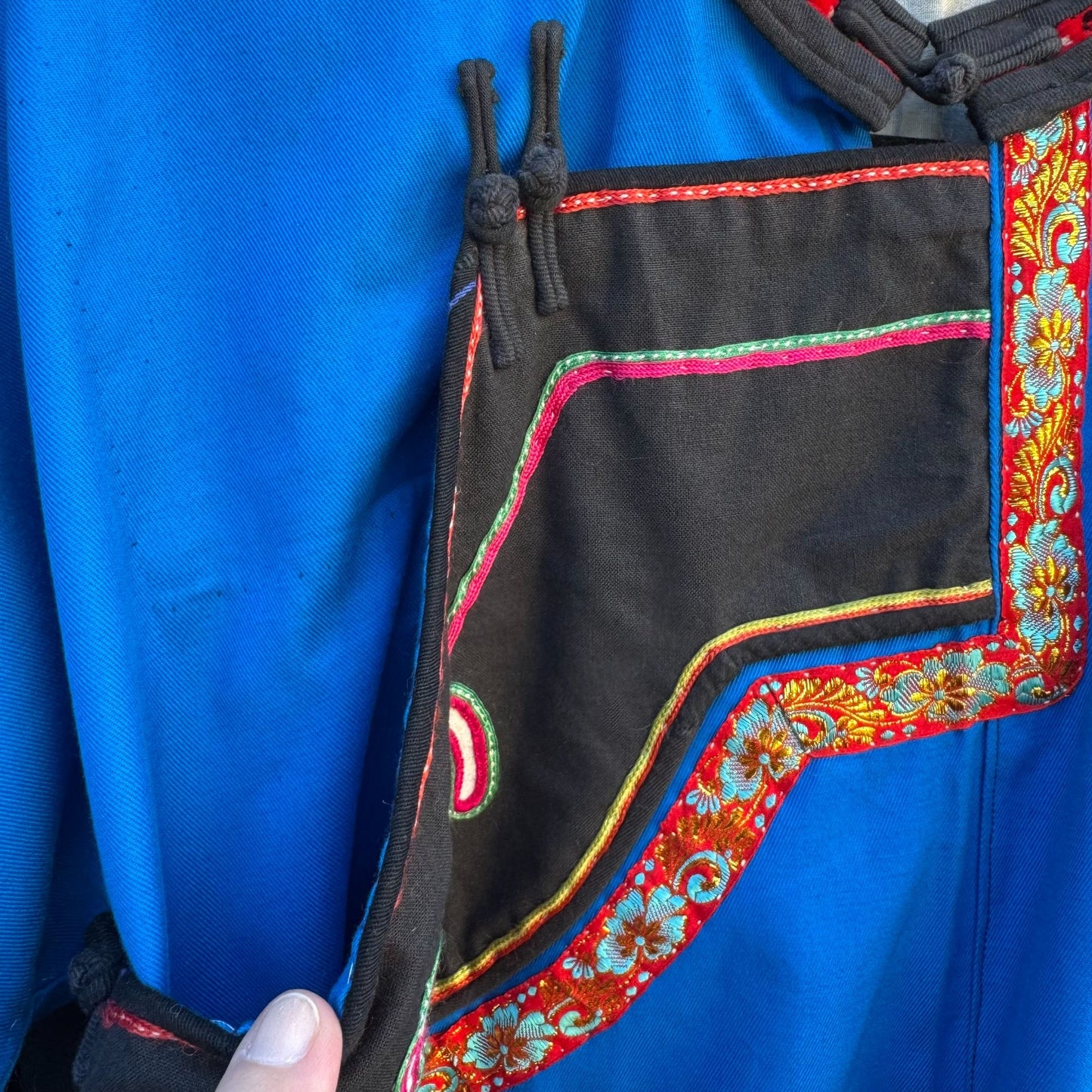 Mongolian Deel Traditional Robe Tunic Blue Red Caftan Embroidery Waist Tie Sash