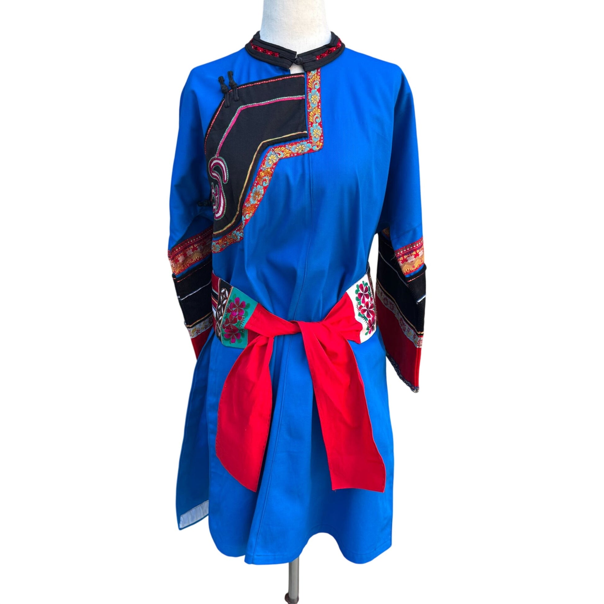 Mongolian Deel Traditional Robe Tunic Blue Red Caftan Embroidery Waist Tie Sash