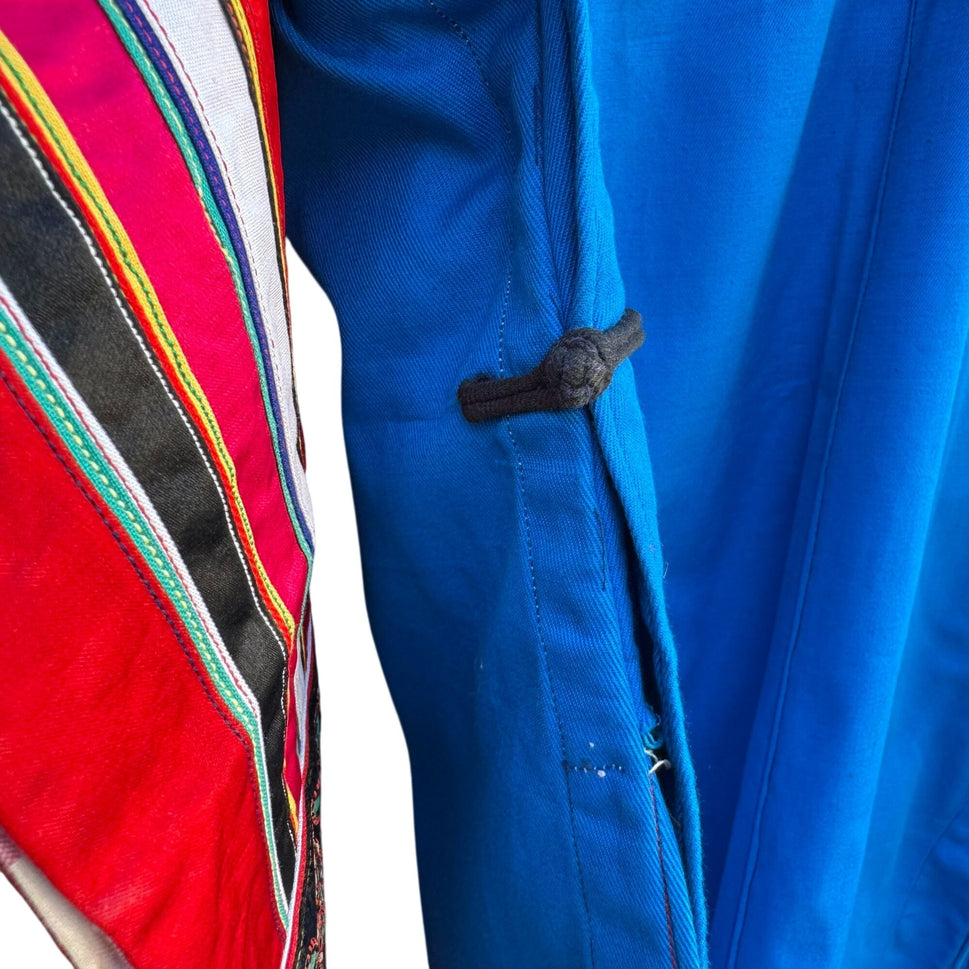 Mongolian Deel Traditional Robe Tunic Blue Red Caftan Embroidery Waist Tie Sash