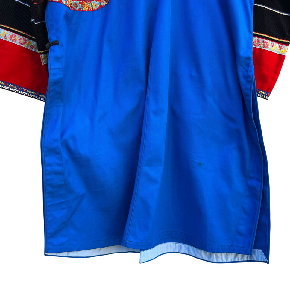 Mongolian Deel Traditional Robe Tunic Blue Red Caftan Embroidery Waist Tie Sash