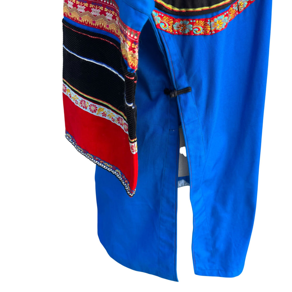 Mongolian Deel Traditional Robe Tunic Blue Red Caftan Embroidery Waist Tie Sash