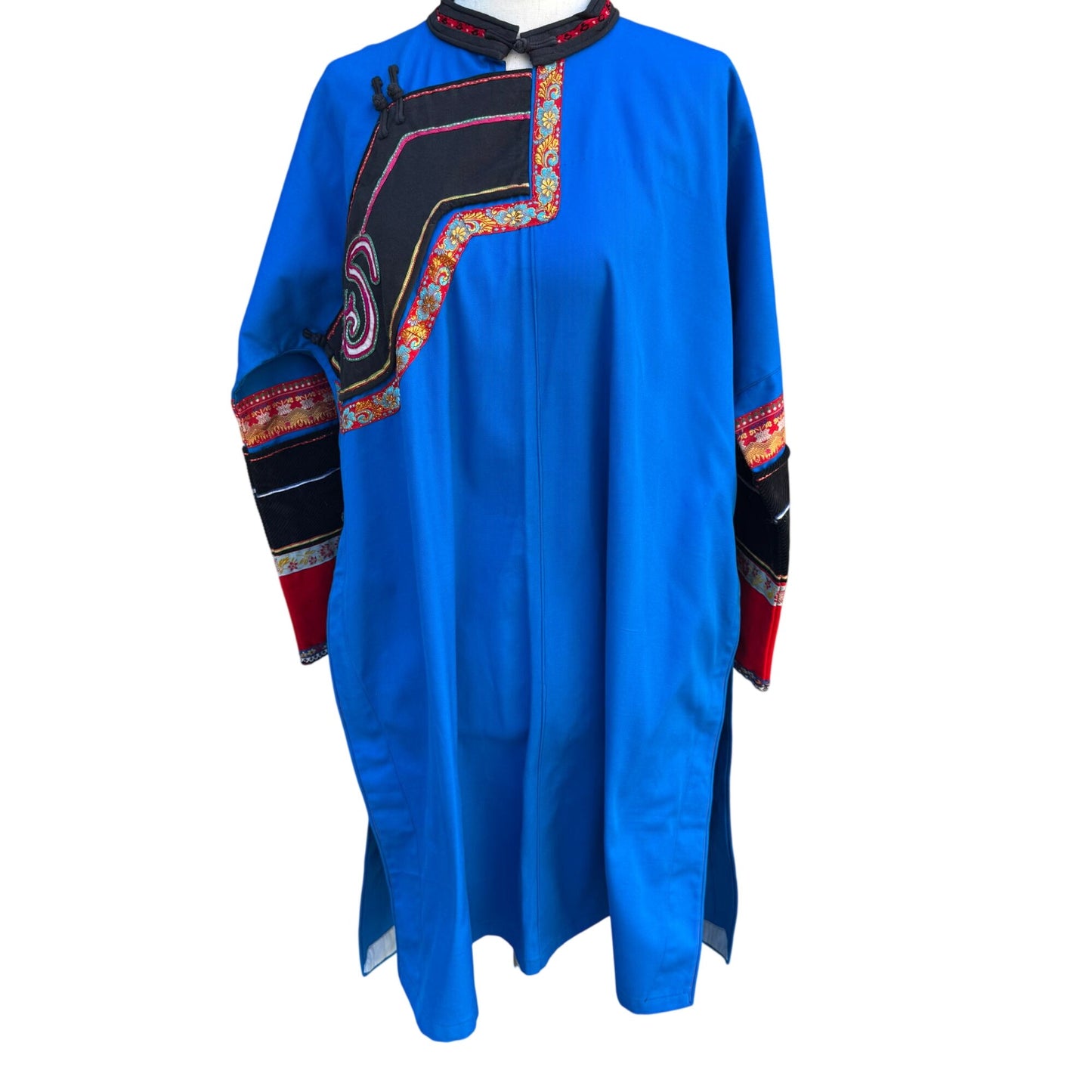 Mongolian Deel Traditional Robe Tunic Blue Red Caftan Embroidery Waist Tie Sash