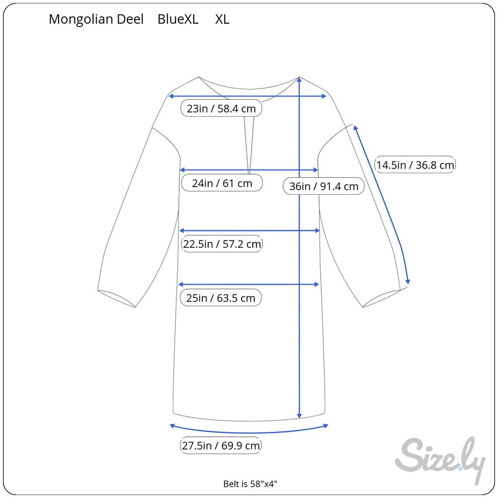 Mongolian Deel Traditional Robe Tunic Blue Red Caftan Embroidery Waist Tie Sash