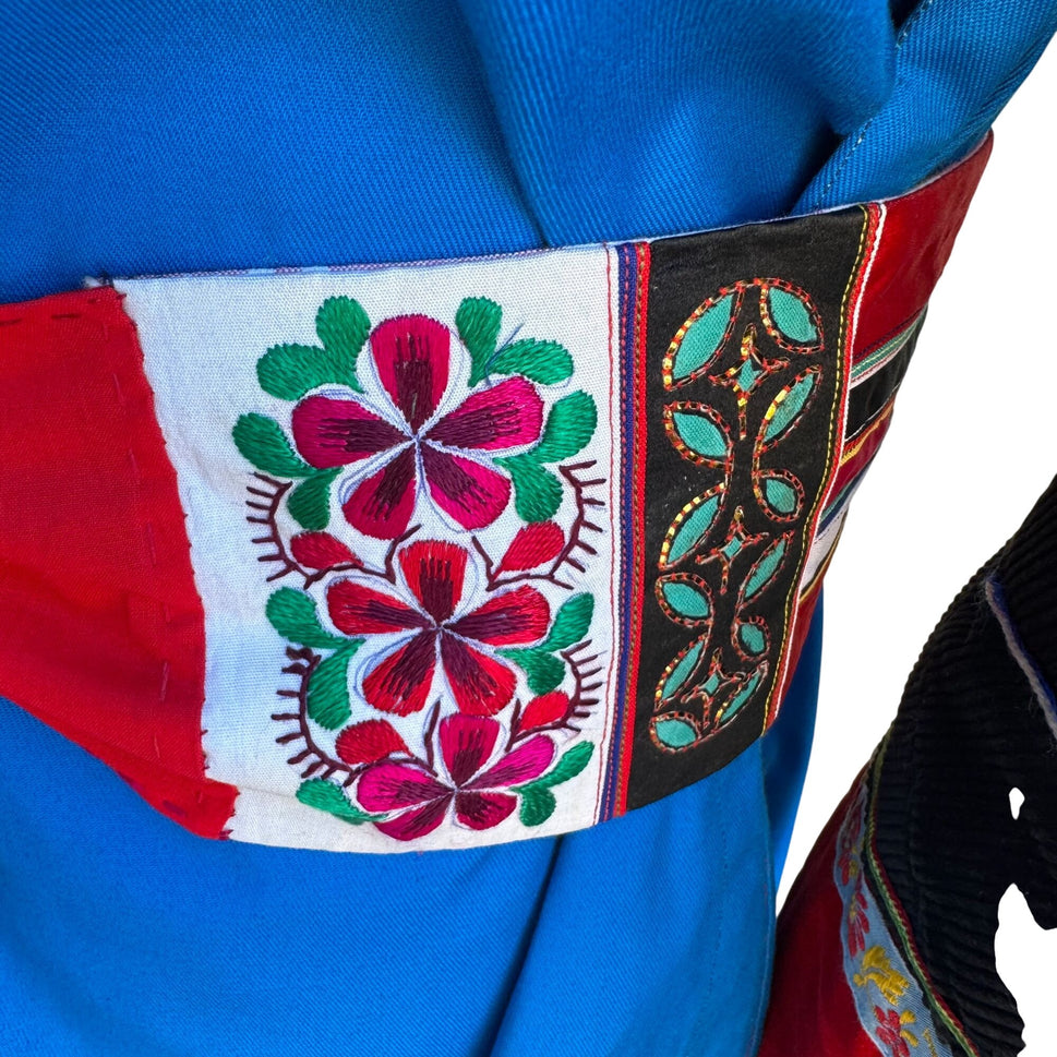 Mongolian Deel Traditional Robe Tunic Blue Red Caftan Embroidery Waist Tie Sash