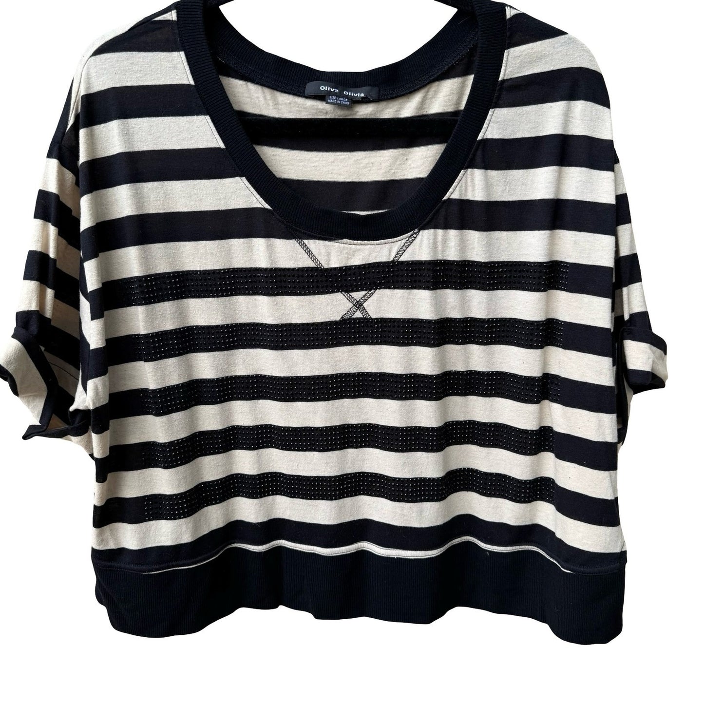 Olive Olivia Parisian Nautical Edgy Striped Studded Cotton Linen Top Womens L