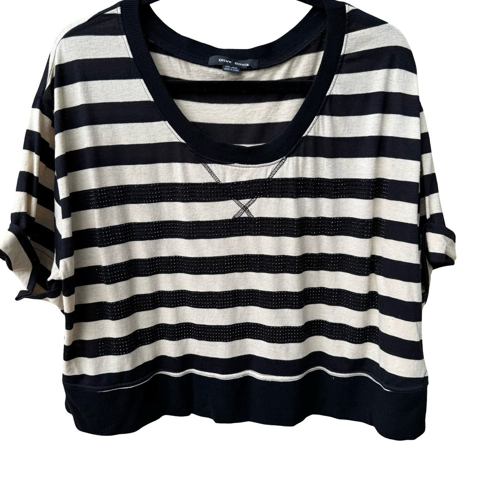 Olive Olivia Parisian Nautical Edgy Striped Studded Cotton Linen Top Womens L