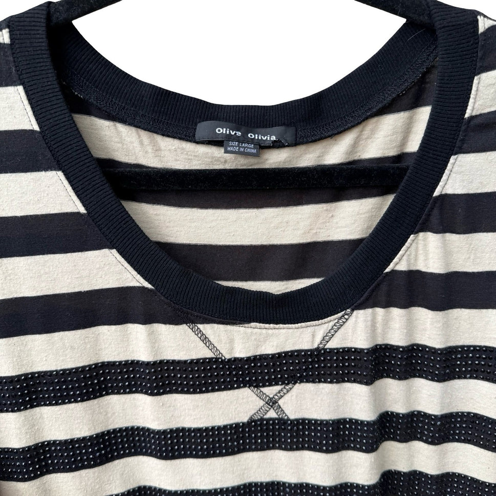 Olive Olivia Parisian Nautical Edgy Striped Studded Cotton Linen Top Womens L