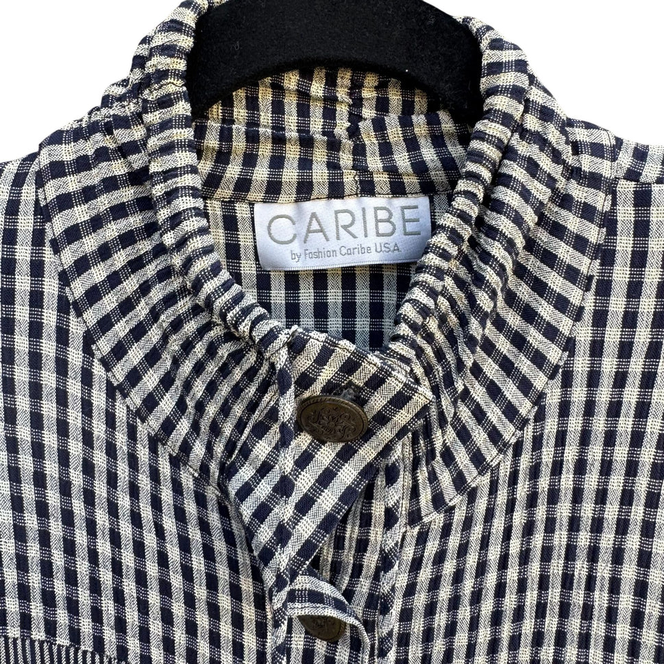 Caribe Vintage Womens Gingham Striped Sleeveless Top Button High Collar Jacket S