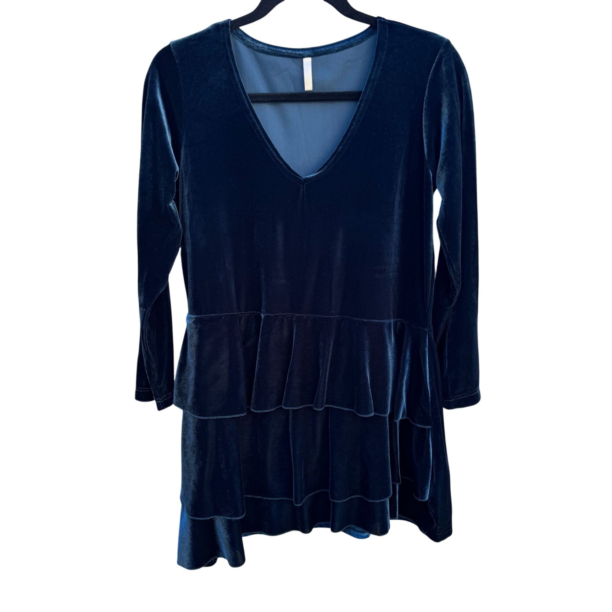 Magdalena Vintage Y2K Velvet Tiered Empire Waist Navy Long Sleeve V-Neck Dress M