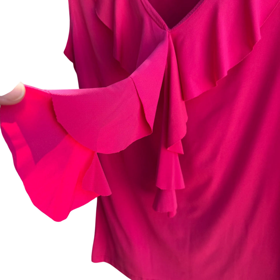Double Take Vintage Y2K Womens Hot Pink Ruffle V-Neck Sleeveless Top Blouse M