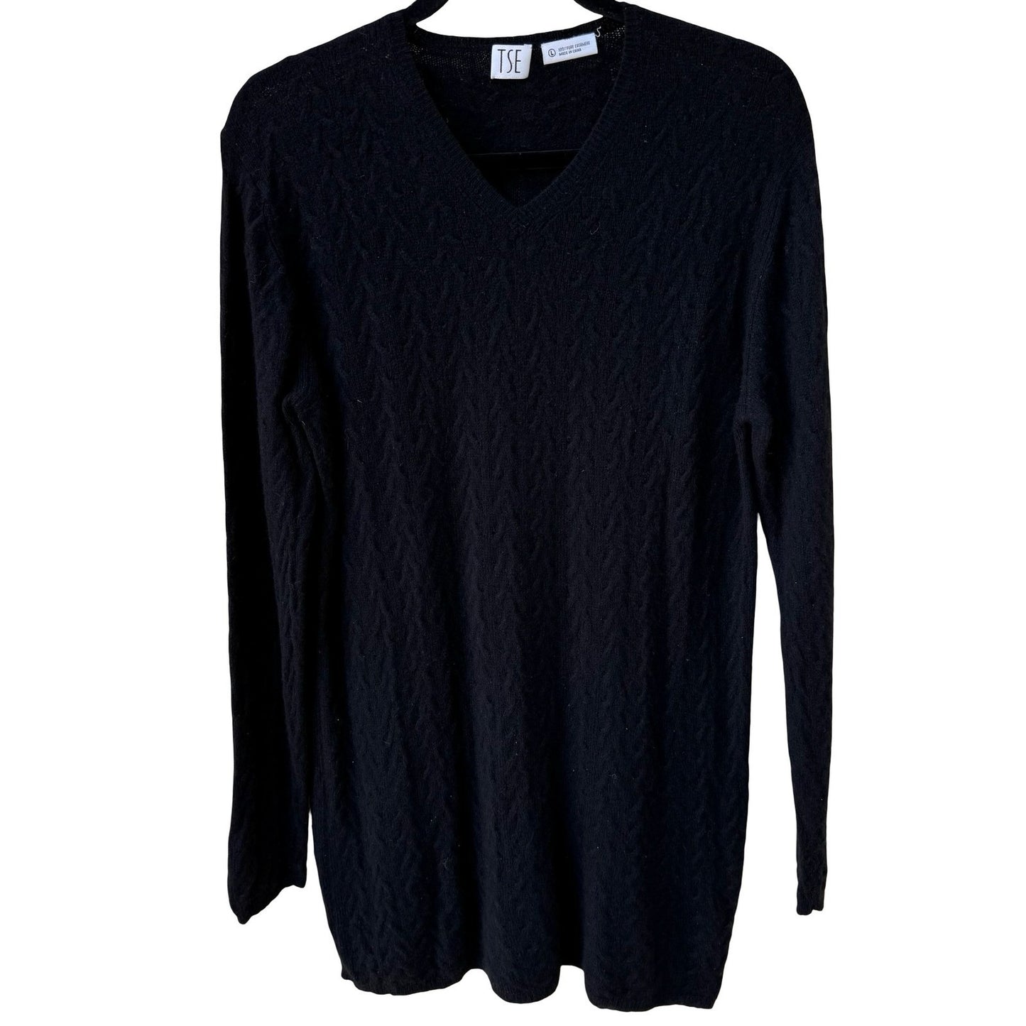 TSE Black 100% Cashmere Chevron Cable Knit V-Neck Sweater Longline Womens Large