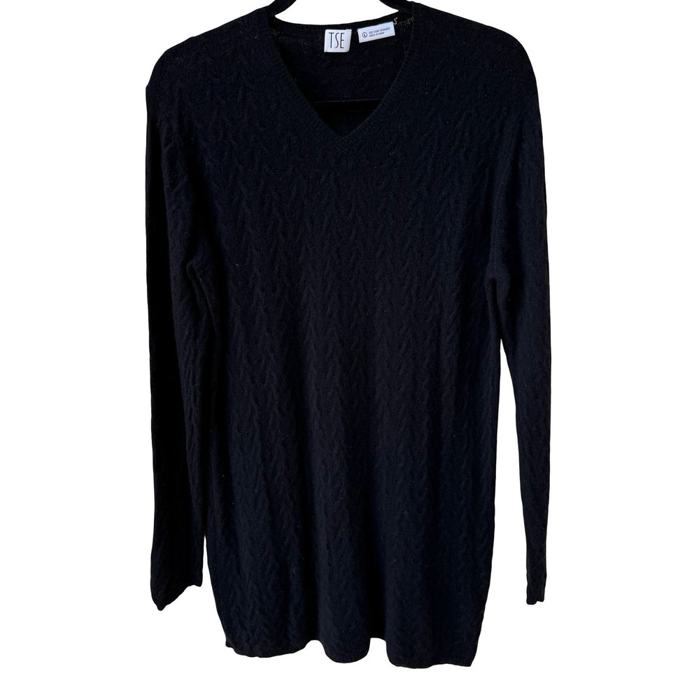 TSE Black 100% Cashmere Chevron Cable Knit V-Neck Sweater Longline Womens Large
