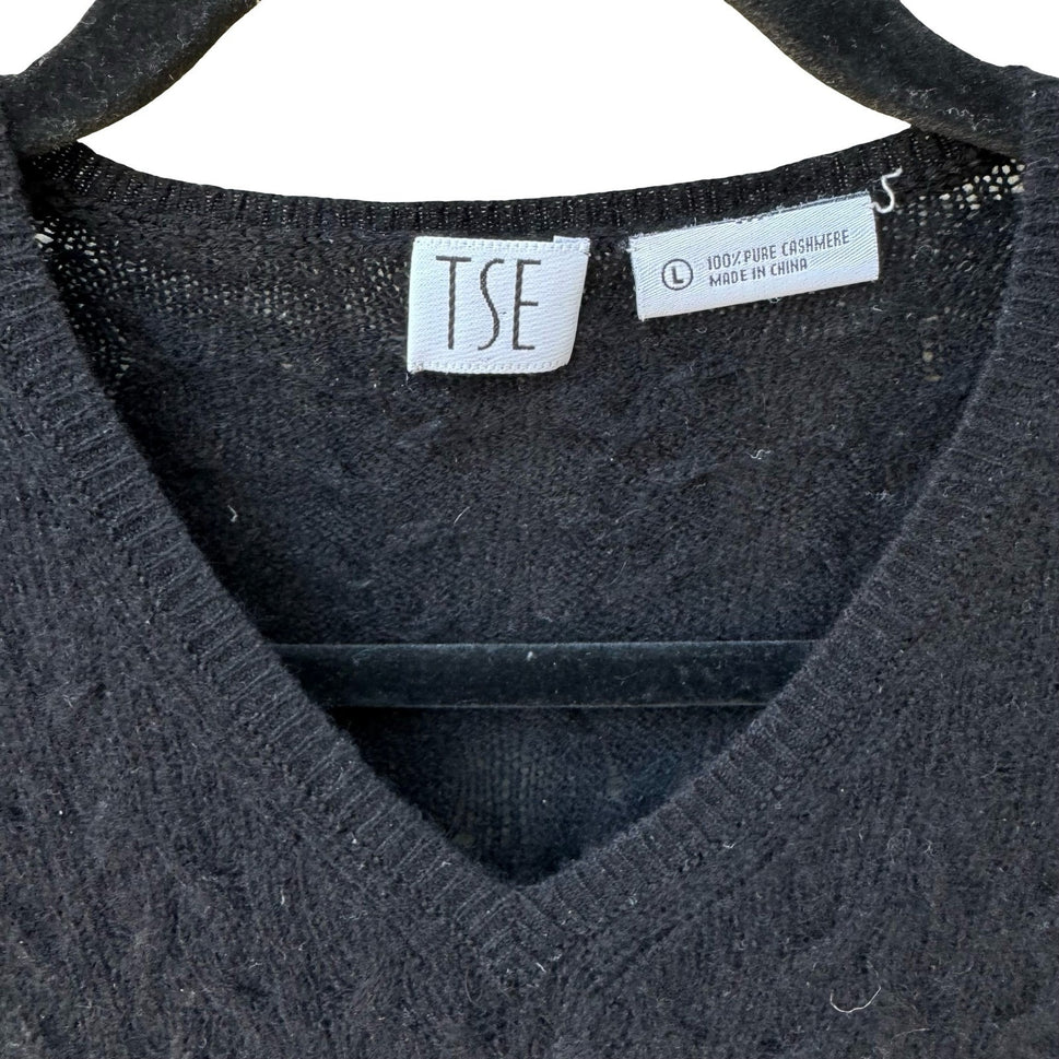 TSE Black 100% Cashmere Chevron Cable Knit V-Neck Sweater Longline Womens Large