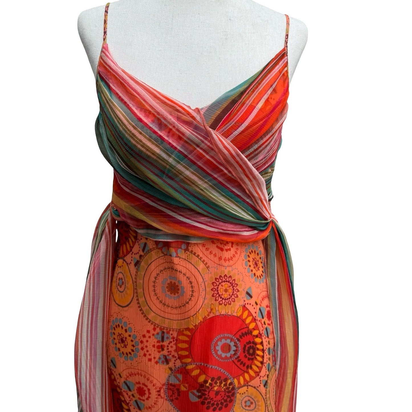 Anna Paul Vintage Y2K Silk Boho Geometric Stripe Wrap Flowy Resort Midi Dress XS