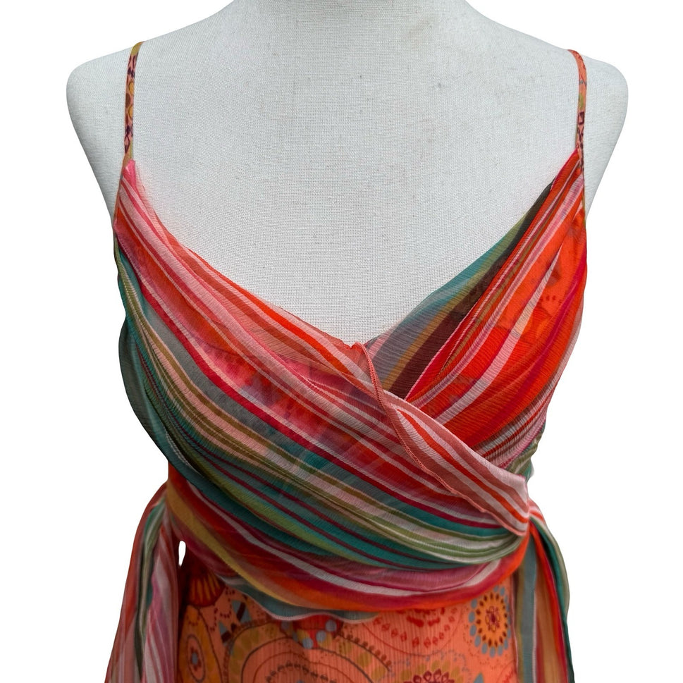 Anna Paul Vintage Y2K Silk Boho Geometric Stripe Wrap Flowy Resort Midi Dress XS