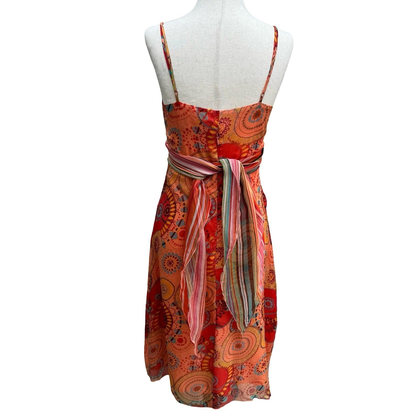 Anna Paul Vintage Y2K Silk Boho Geometric Stripe Wrap Flowy Resort Midi Dress XS