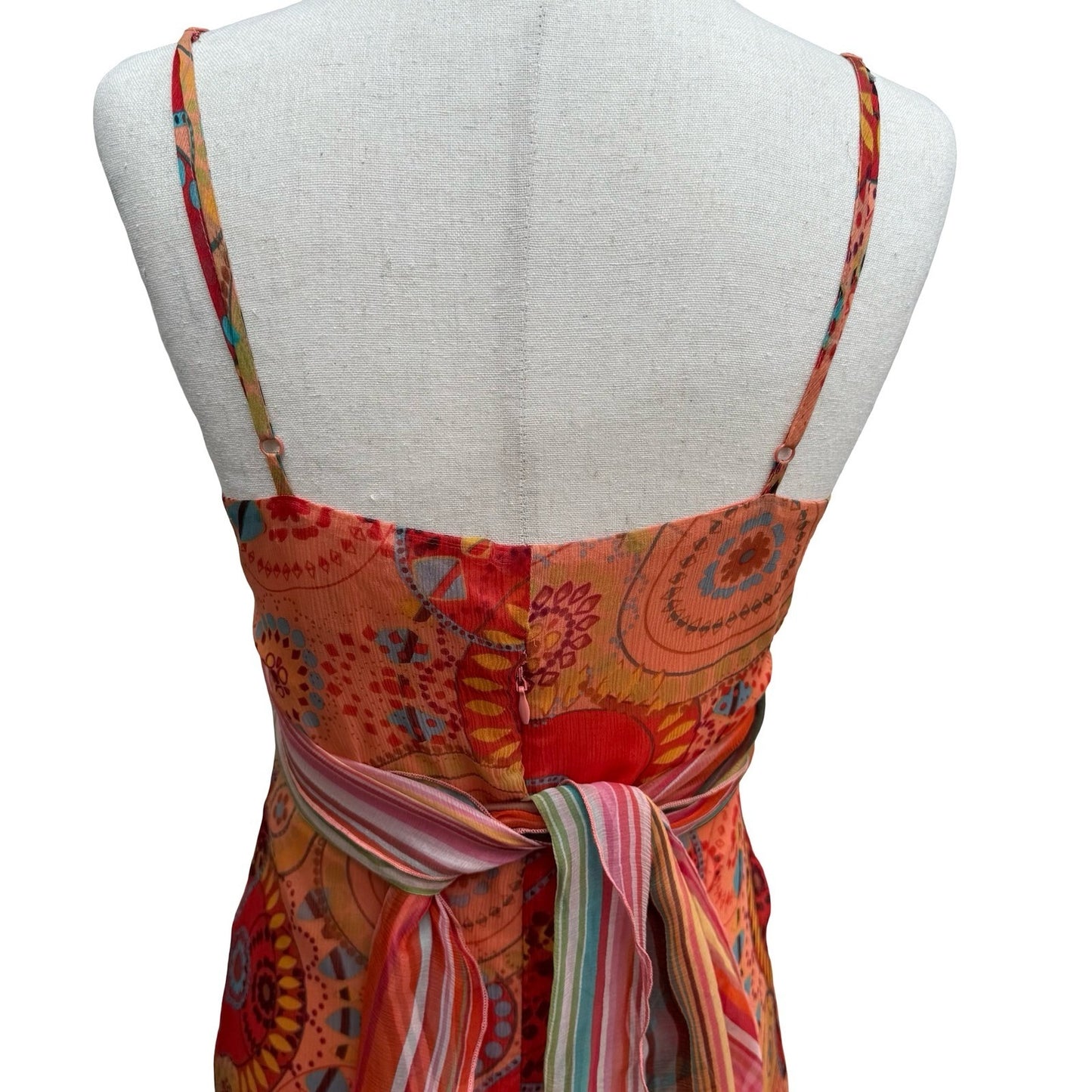 Anna Paul Vintage Y2K Silk Boho Geometric Stripe Wrap Flowy Resort Midi Dress XS