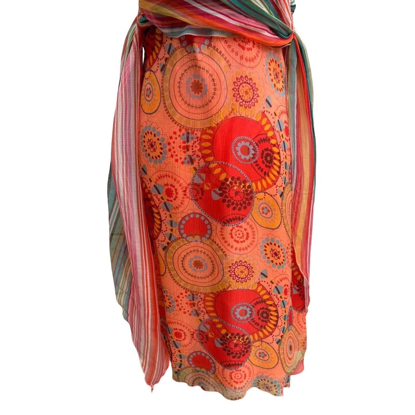Anna Paul Vintage Y2K Silk Boho Geometric Stripe Wrap Flowy Resort Midi Dress XS