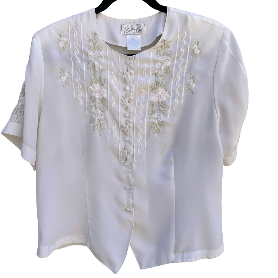 Kathy Che Womens White Floral Embroidered Pearl Button Blouse Vintage Size 12