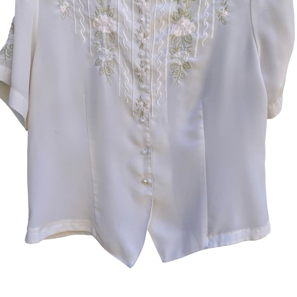 Kathy Che Womens White Floral Embroidered Pearl Button Blouse Vintage Size 12