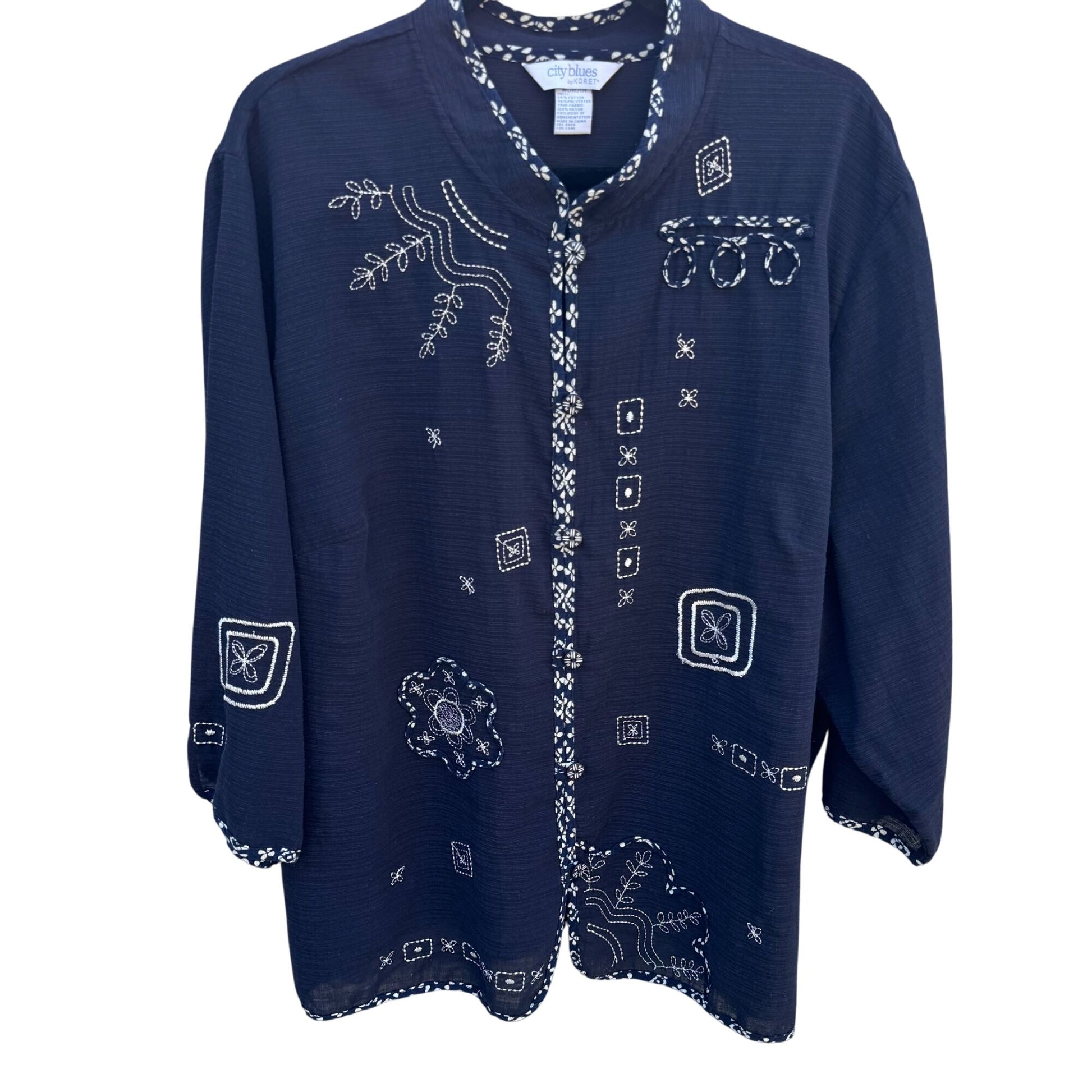 City Blues By Koret Womens Blue Linen Band Collar Embroidered Lightweight Jacket