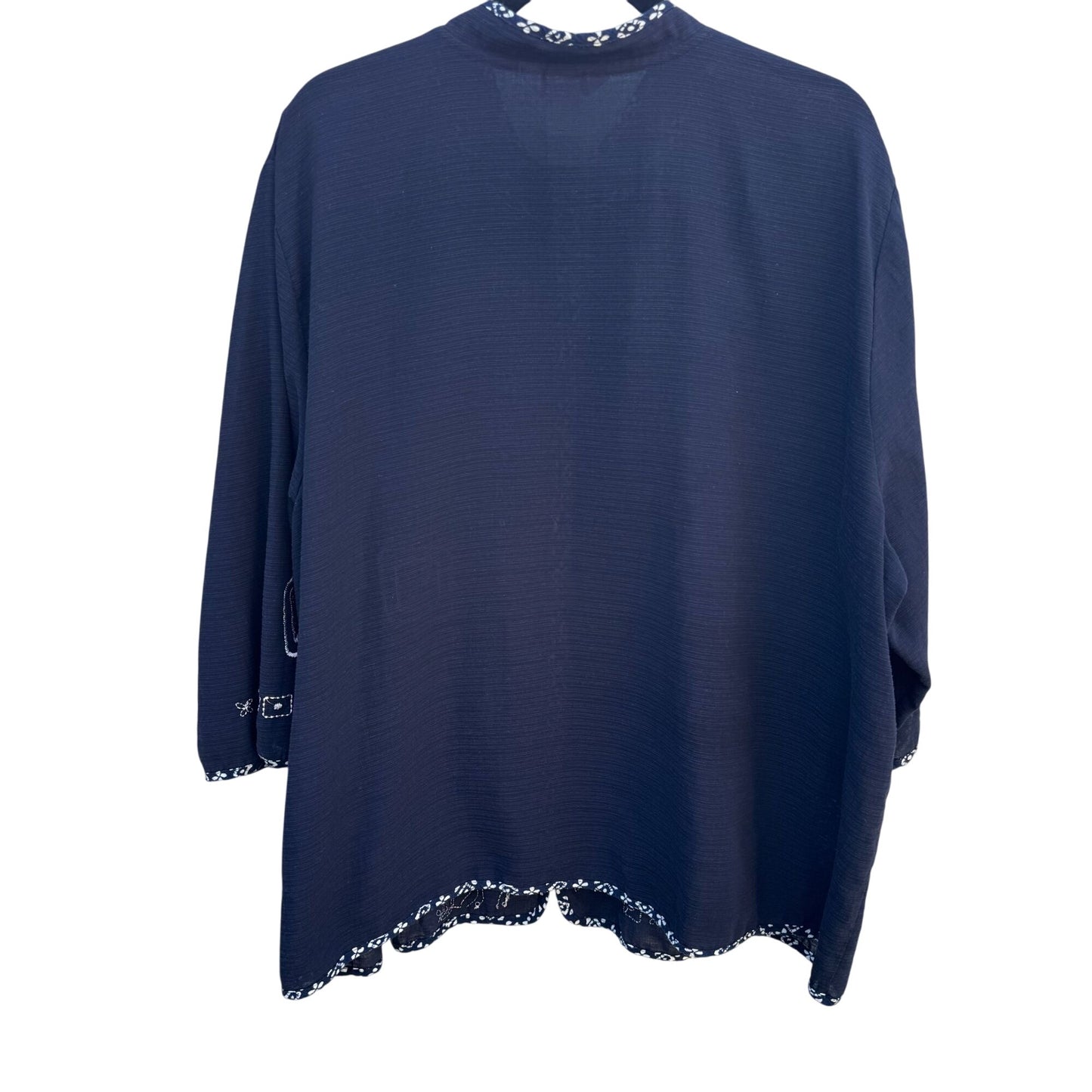 City Blues By Koret Womens Blue Linen Band Collar Embroidered Lightweight Jacket