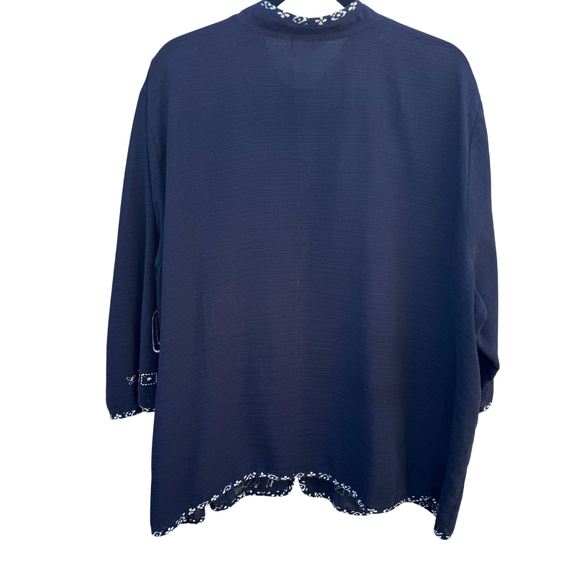 City Blues By Koret Womens Blue Linen Band Collar Embroidered Lightweight Jacket