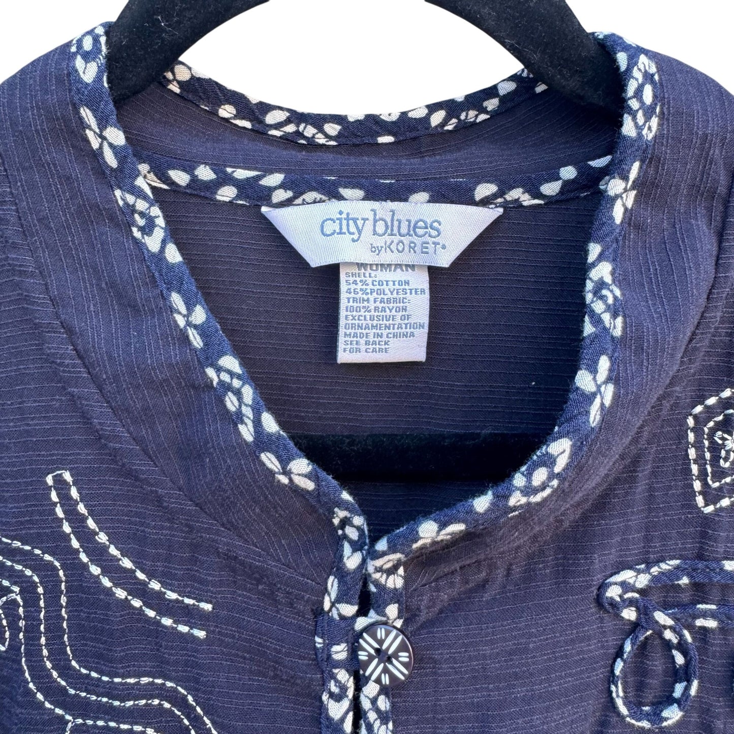 City Blues By Koret Womens Blue Linen Band Collar Embroidered Lightweight Jacket