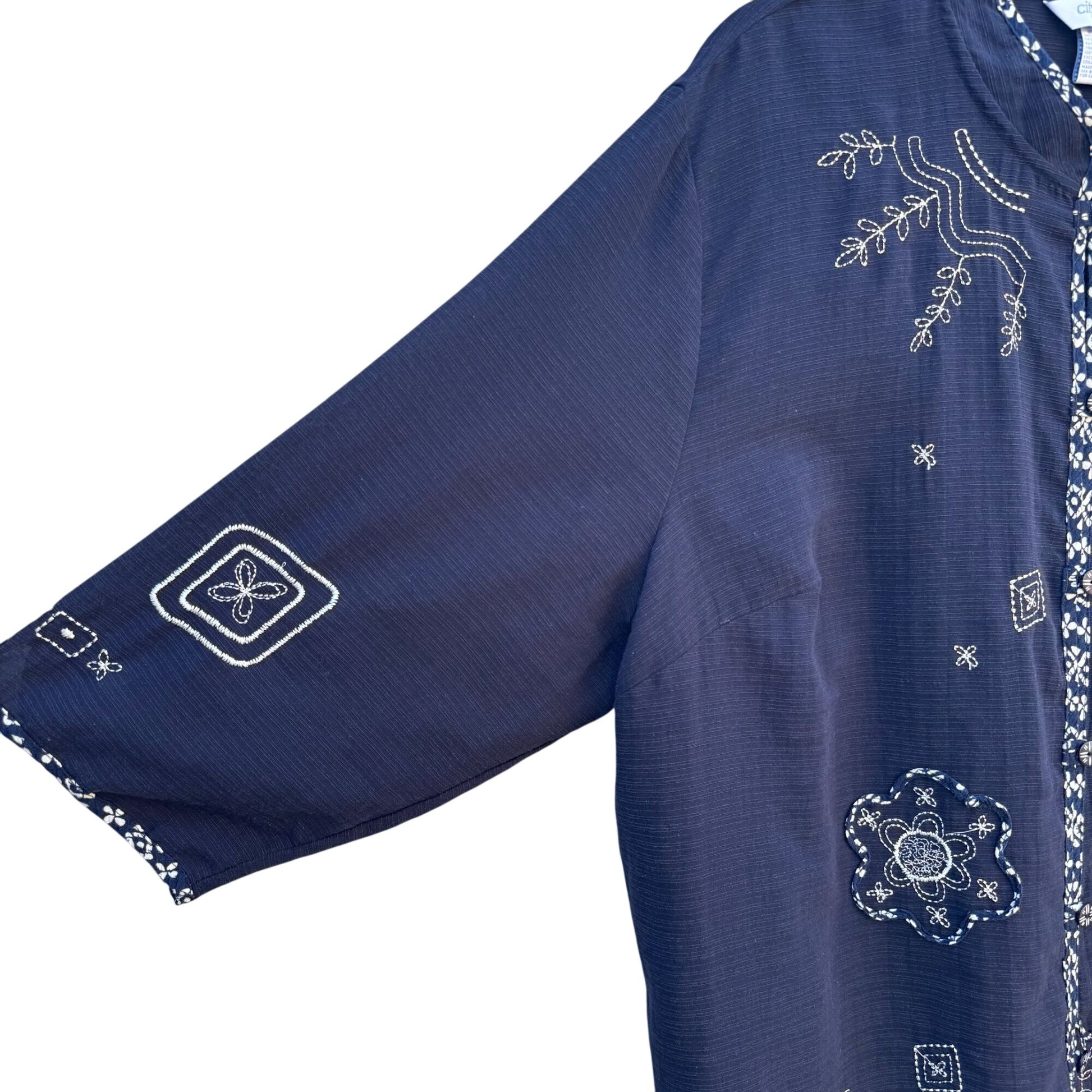 City Blues By Koret Womens Blue Linen Band Collar Embroidered Lightweight Jacket