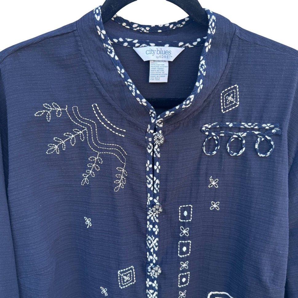 City Blues By Koret Womens Blue Linen Band Collar Embroidered Lightweight Jacket
