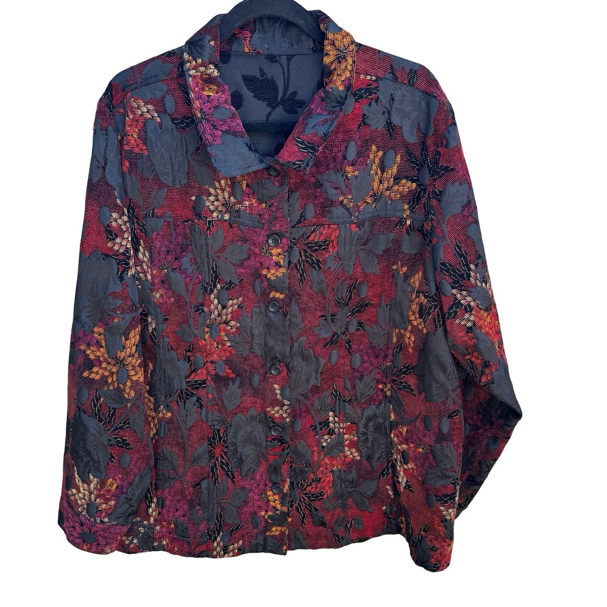 Vintage Boho Art To Wear Grannycore Dark Floral Tapestry Jacquard Blazer Jacket