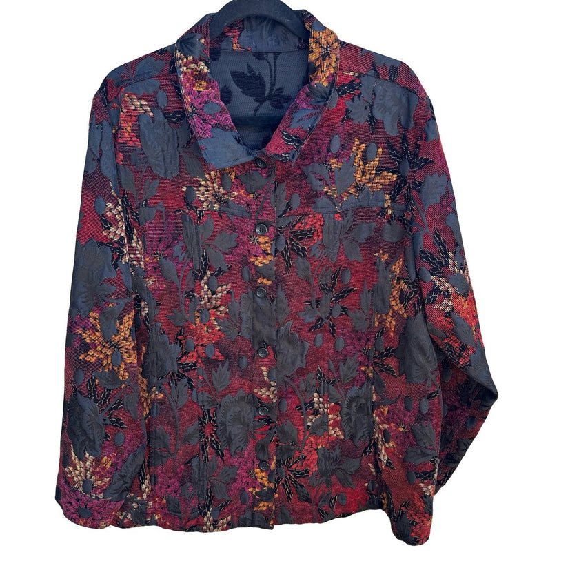 Vintage Boho Art To Wear Grannycore Dark Floral Tapestry Jacquard Blazer Jacket