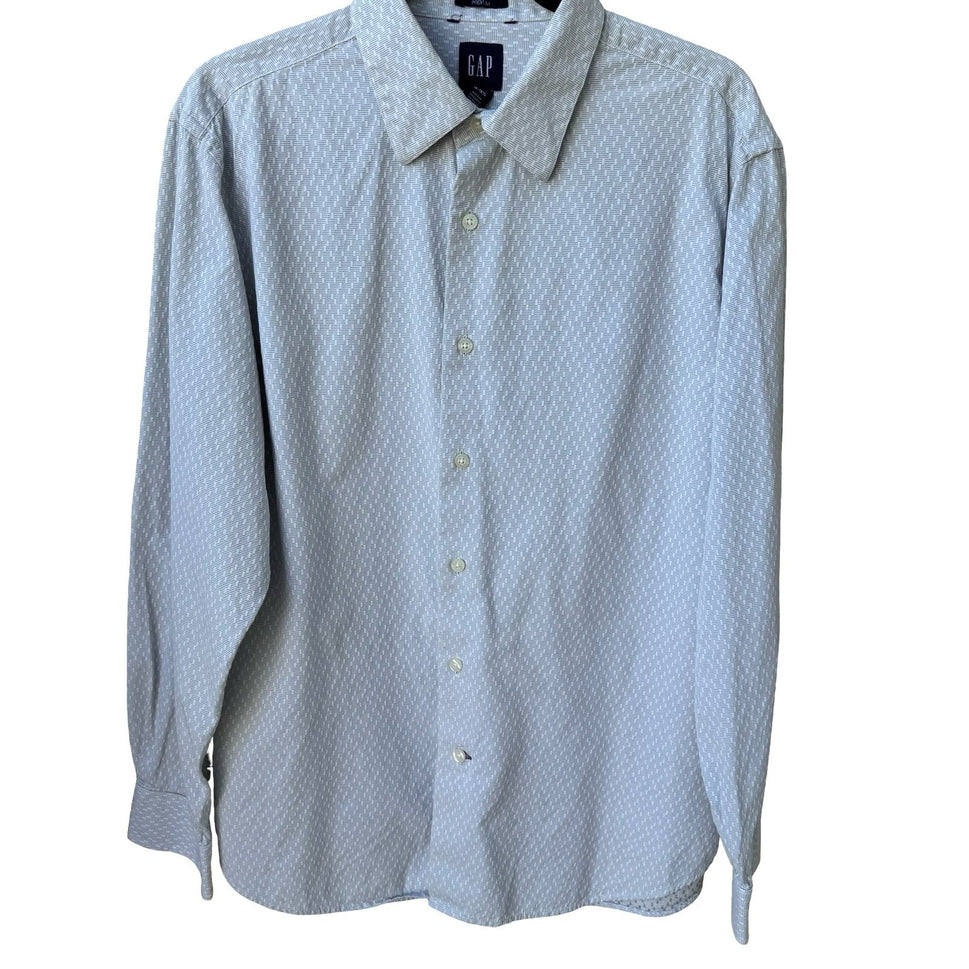GAP Fitted Premium Mens Long Sleeve Button Down Shirt Blue Geometric 16-16.5 L
