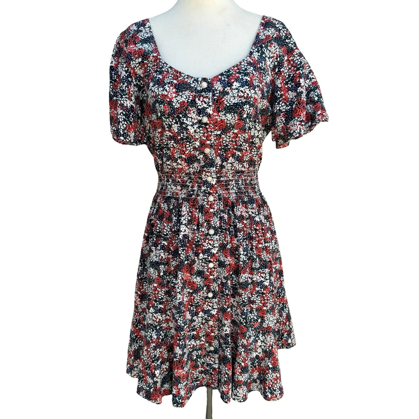Wrangler Retro Womens S Red Floral Smocked Waist Cowgirl Mini Dress Boho Western