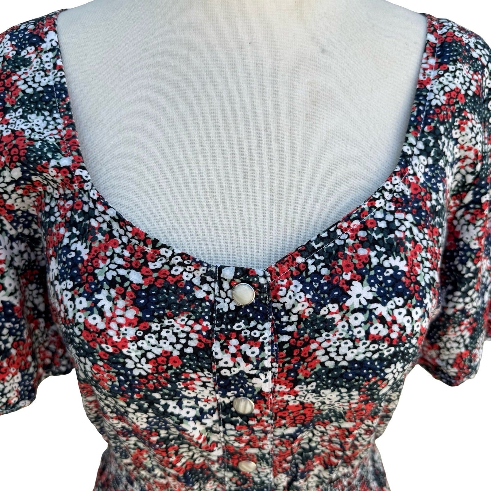 Wrangler Retro Womens S Red Floral Smocked Waist Cowgirl Mini Dress Boho Western