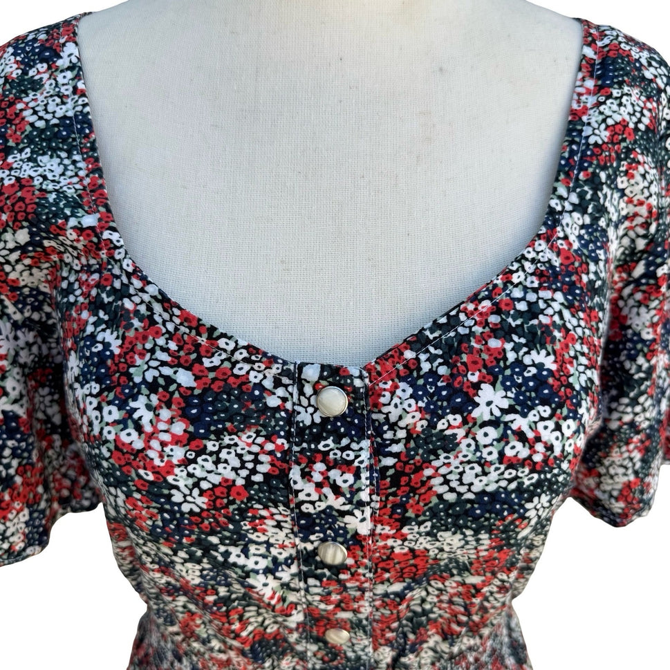 Wrangler Retro Womens S Red Floral Smocked Waist Cowgirl Mini Dress Boho Western