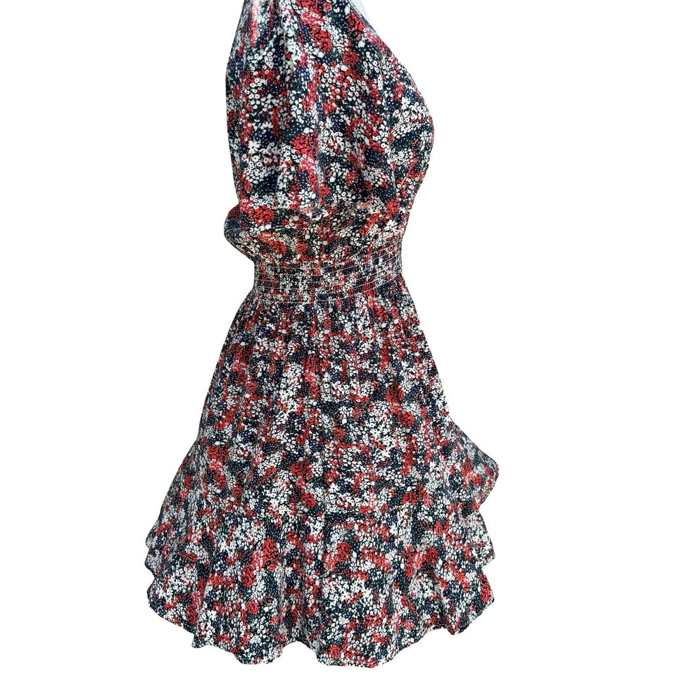 Wrangler Retro Womens S Red Floral Smocked Waist Cowgirl Mini Dress Boho Western