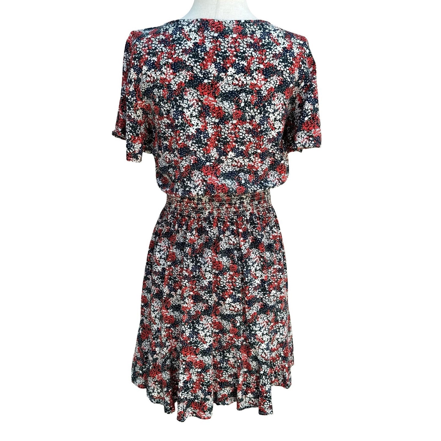 Wrangler Retro Womens S Red Floral Smocked Waist Cowgirl Mini Dress Boho Western