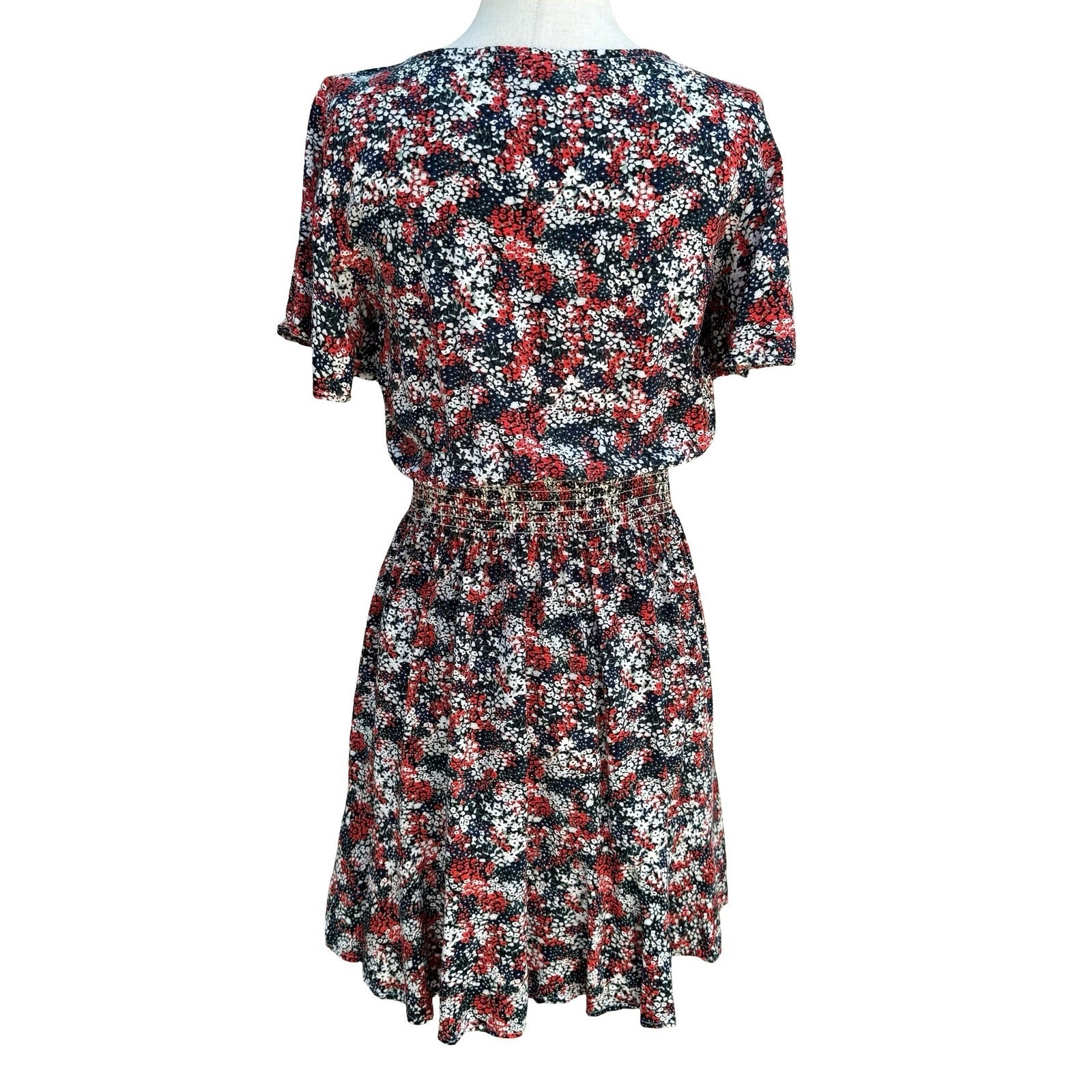 Wrangler Retro Womens S Red Floral Smocked Waist Cowgirl Mini Dress Boho Western
