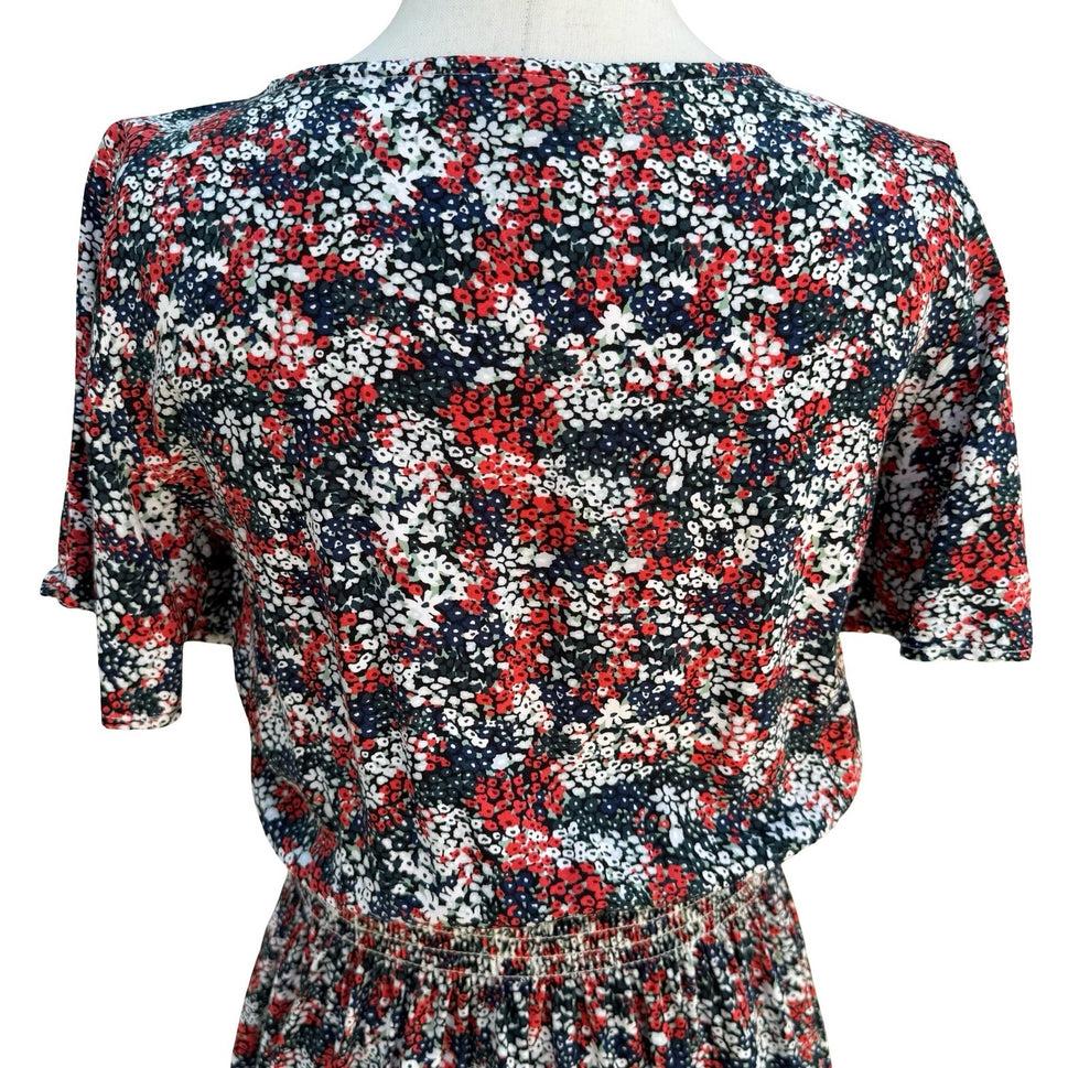 Wrangler Retro Womens S Red Floral Smocked Waist Cowgirl Mini Dress Boho Western