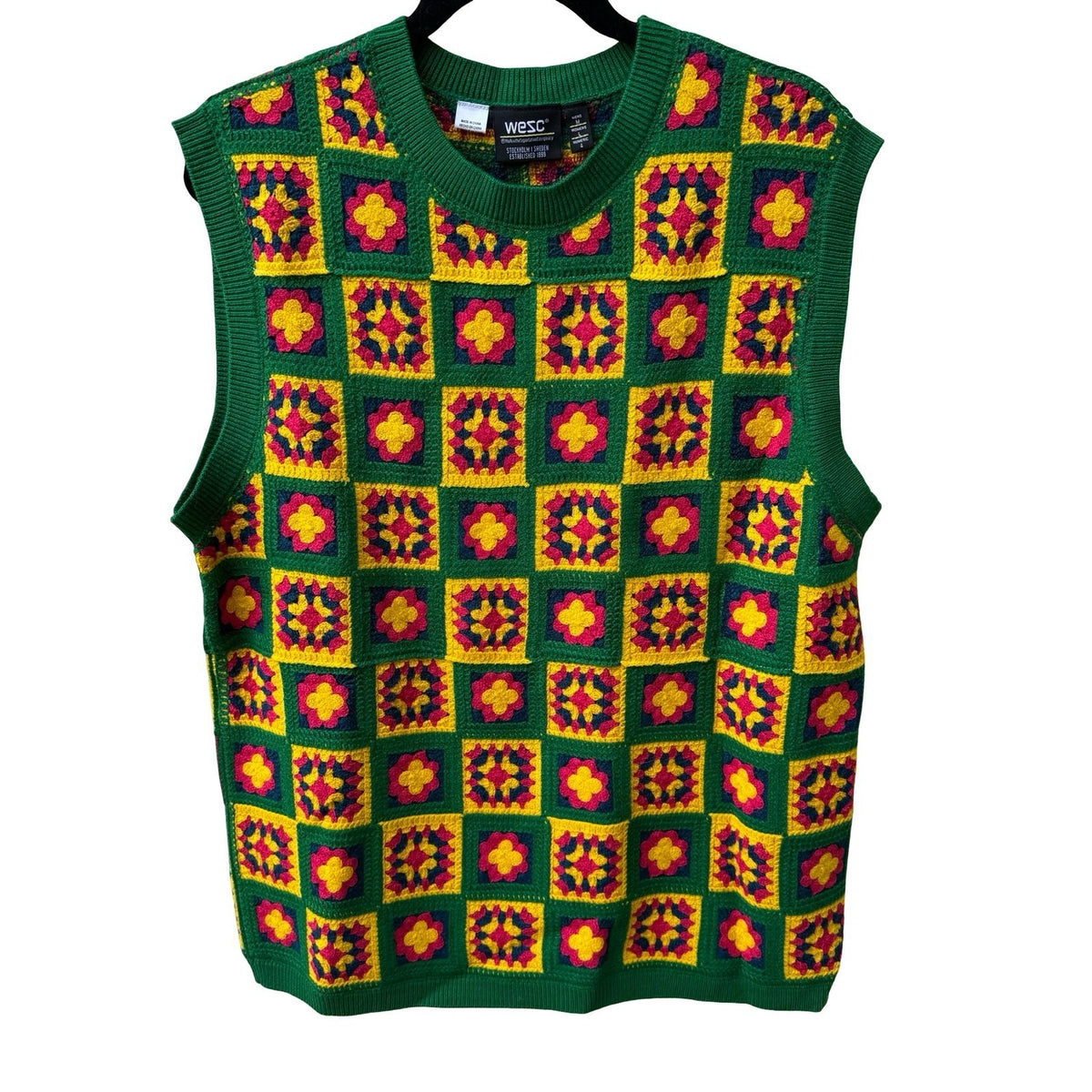 WESC Granny Square Crochet Knit Vest Boho Retro Sweater Green Mens M Womens L